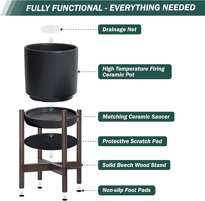 D'vine Dev Ceramic Planter with Walnut Color Stand - 8 Inch Modern Round Flower Pot with Wood Planter Holder, Black, 55-B-Y-2 - Bloomnest