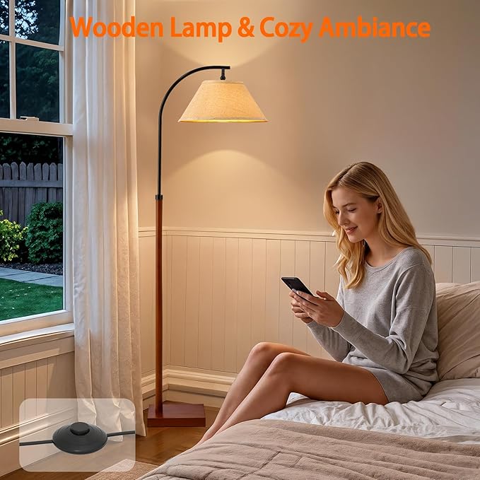 63" Floor Lamp for Living Room with Foot Switch Wood Standing Lamp Tall Lamp Mid Century Modern Arc Floor Lamps for Bedroom Office Industrial Reading - Bloomnest