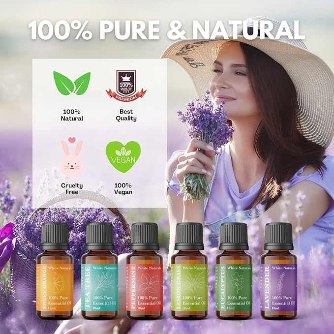Essential oils of 6 kit - Set, 6X10ML Diffuser Fragrance Oils Essential Oil, Sweet orange, Tee Tree, Peppermint, Lemon Grass, Eucalyptus and Lavender - Bloomnest