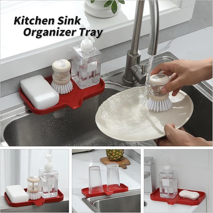 Silicone Bathroom Soap Dishes with Drain Spout-Bathroom and Kitchen Sink Organizer,Sponge Holder,Dish Soap Tray,Perfect for Dispenser,Scrubber,Bottle,Cup on Sink or Counter-Red 9.6"×5.3" - Bloomnest