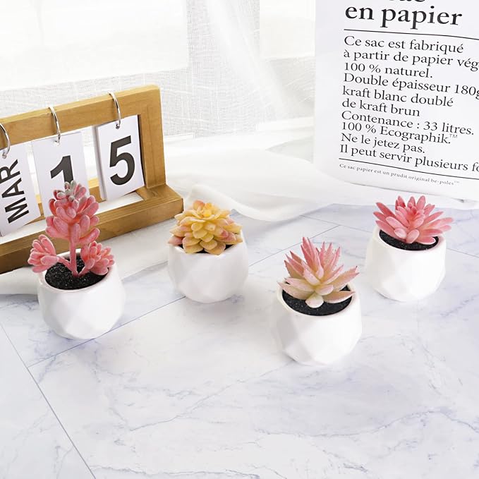 Tiita Artificial Faux Succulents in Pots, Pink Fake Plants Ceramic Arrangement Planter for Women Desk Small Mini Tiny Decoration for Home Office Desk Window 4 Set, Pink - Bloomnest