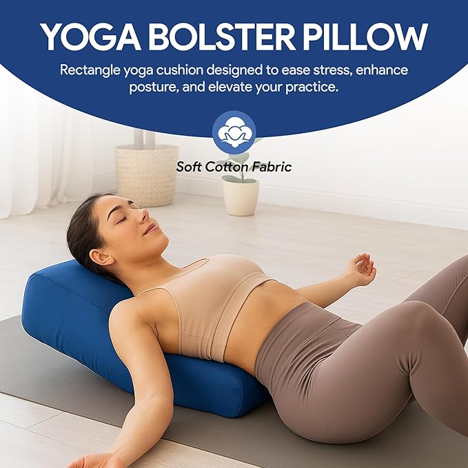 Rectangular Yoga Bolster Pillow for Meditation, Yoga & Back Support – Soft Meditation Cushion with Removable Hand Wash Cotton Cover & Carry Handle (Blue) - Bloomnest