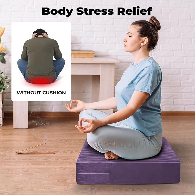 Large Floor Pillows for Adults, Thick Meditation Floor Cushions for Sitting Yoga, 22x22x5 Foam Seat Cushions Set of 2 for Furniture, Floor Pillow with Pleated Velvet Removable Cover, Lavender