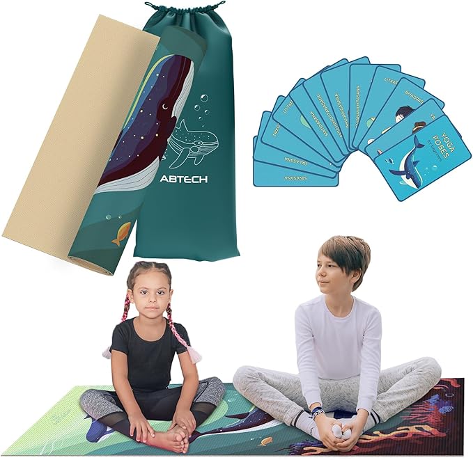 Kids Yoga Mat Set for Boys & Girls - Doll, Unicorn, Mermaid, Panda, Dinosaur and UnderWater - Chemical Free - Non-Toxic - Non-Slip - 60 X 24 X 0.2 Inches - w/ 12 Yoga Cards - Cute Carrier Bag - Ages 3-12 - Bloomnest