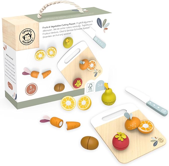 SPEEDY MONKEY Wooden Play Food Set for Toddler – Fruits & Vegetables Cutting Playset, FSC Certified Pretend Food Toy for Kids, Role Play Kitchen Set with Safe Cutting Board & Knife - Bloomnest