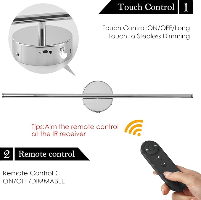Battery Operated Wall Sconces with Remote Control, Dimmable Wall Sconces Set of Two, 350°Rotate, 3000K LED Chrome Wireless Wall Light for Living Room, Bedroom, Hallway, 28.3 Inch (2 Pack) - Bloomnest
