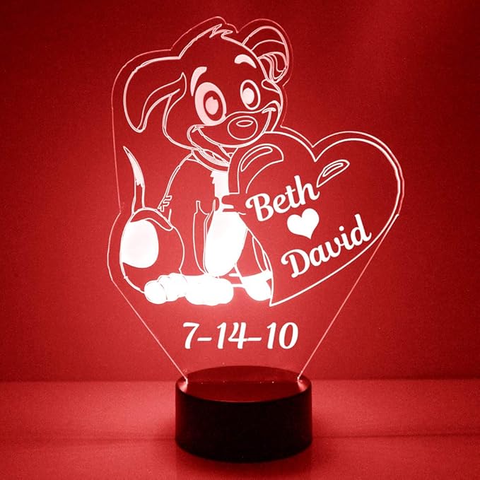 Custom Puppy with Heart LED Sign Night Light Lamp with Remote, Light Up Display with Personalized Name or Image, Customized, Made in The USA, Clear Acrylic Home Decor Design with 16 Colors, 4 Modes - Bloomnest
