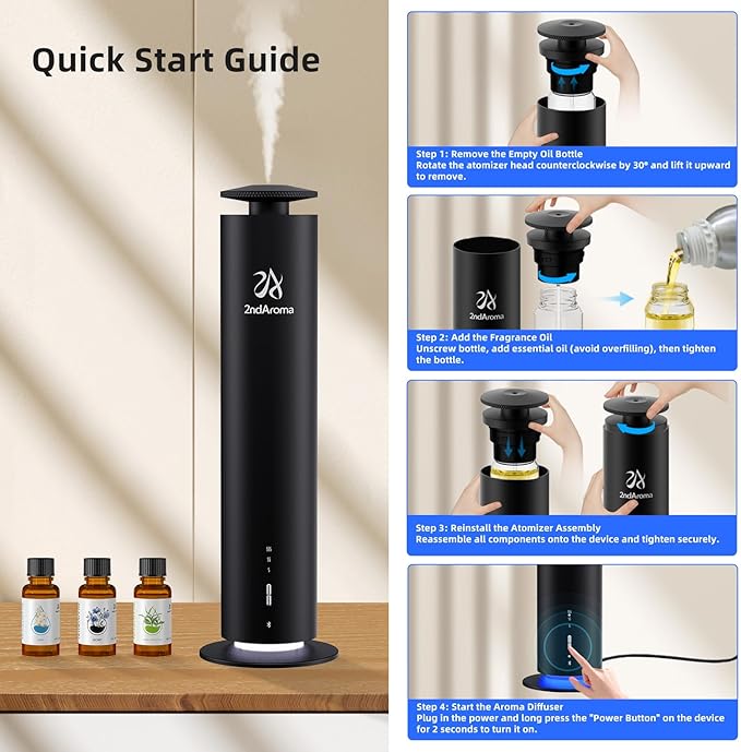 Waterless Scent Diffuser Starter Kit, Diffusers for Home Office Hotel 1000 Sq Ft Coverage, Cordless Essential Oil Diffuser Large Room with 3 Mood Lights, 3 Scent Oils, App Control, Black - Bloomnest
