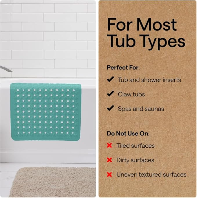 GORILLA GRIP Patented Bath Tub Shower Mat, Machine Washable Bathtub Floor Liner Mats, Suction Cups and Drain Holes to Keep Tubs Clean, Soft on Feet, Bathroom Essentials, 35x16 Inch, Turquoise Opaque - Bloomnest