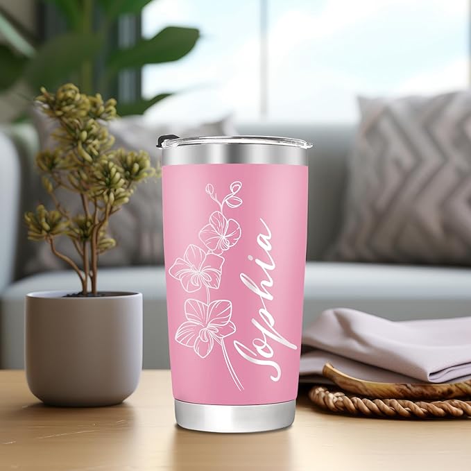 Personalized Tumbler with Name & Birth Flower Month, Custom Coffee Tumbler Stainless Steel Travel Mug Cup 20 Oz Personalized Gifts for Birthday Christmas Anniversary for Dad Mom Kids - Bloomnest
