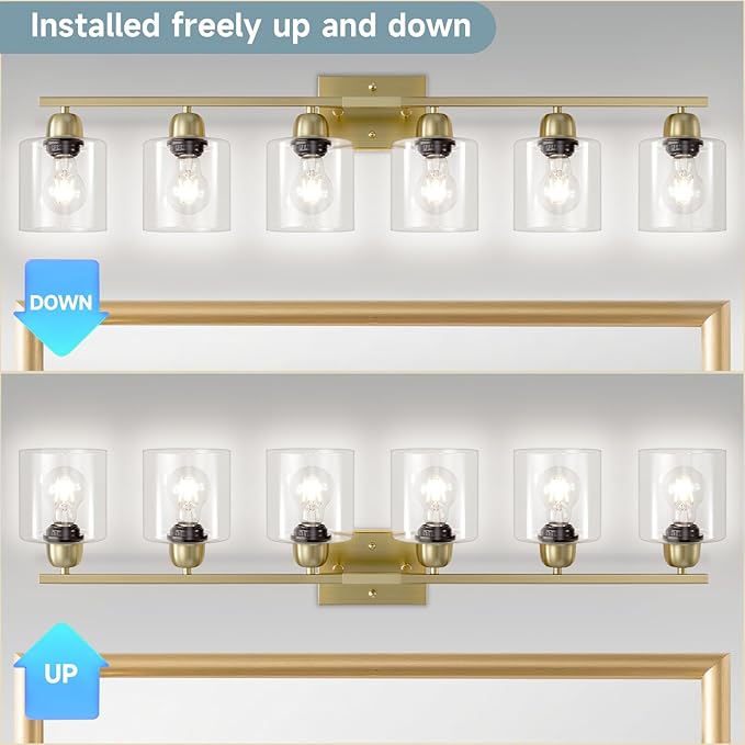 Modern Brushed Gold 6 Light Bathroom Light Fixtures,38 inch Vanity Lights for Bathroom with Clear Glass, Vanity Light for Mirror Kitchen Living Room Hallway Cabinet Porch - Bloomnest