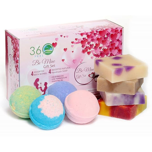 360Feel Be Mine 4 Bath Bombs Plus 4 Handmade Soap Gift Essential Oil Organic Bath Bomb gifts for Men Women - Bloomnest