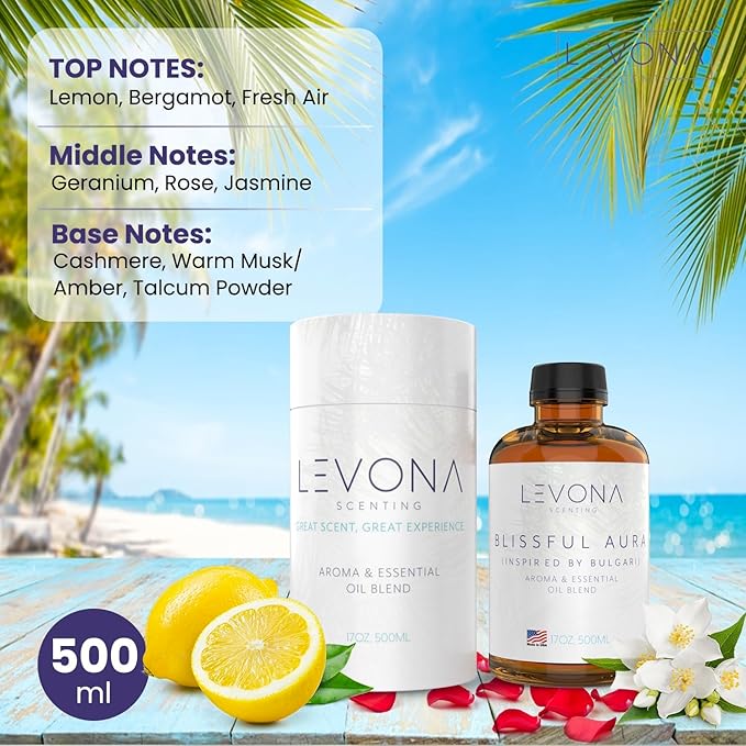 Levona Scent Essential Oil - Fresh Aroma for Home, Office, Hotel & Spa, Perfect in Humidifiers and Diffusers, Luxury Fragrance, With Roses, Geranium, Zesty Lemon Notes - 500ml/ 17 fl oz, Blissful Aura LEVONASCENT