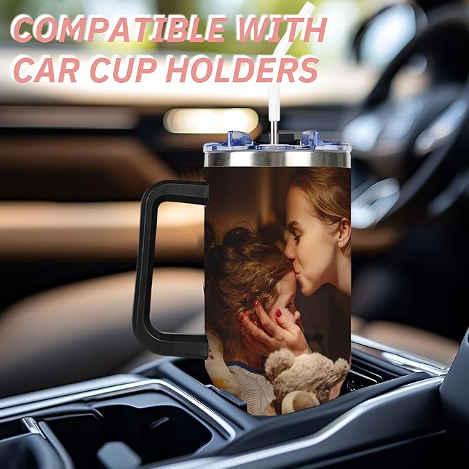 Personalized Tumbler with Handle and Straw, Custom 40oz Tumblers with Picture, Logo, Text, Customized Photo Stainless Steel Travel Coffee Cup for Women Men, Gifts for Birthday Christmas Anniversary - Bloomnest