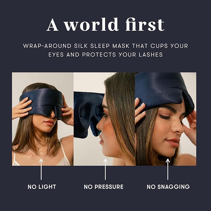 DROWSY Eyelash Protecting Silk Sleep Mask for Natural Lashes & Extensions. Deep Eye Cups, Zero Pressure, Total Blackout, Full Wraparound (Midnight Blue) - Bloomnest