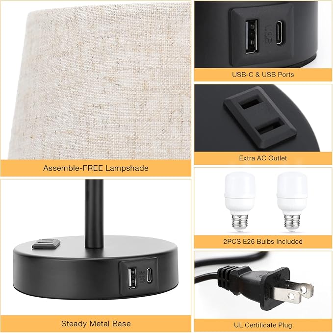 Mini Bedside Lamps for Bedrooms Set of 2 - Nightstand Bedroom Lamps with USB C Port and AC Outlet Charging, Dimmable Touch Small Bed Side Table Lamp, Black Night Stand Light for Kids/Guest Room - Bloomnest