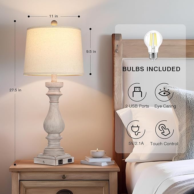 27.5" Farmhouse Table Lamp for Living Room,Vintage Bedside Lamp with USB C+A Ports & AC Outlet,3-Way Dimmable Touch Control Gray Washed Finish Nightstand for Bedroom, Single Gray - Bloomnest