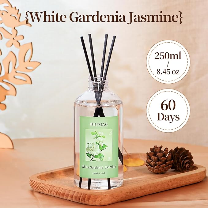 White Gardenia Jasmine Diffuser with 20 Black Fiber Sticks, 6.7 oz Diffusers for Home Essentials Bathroom,Last up to 60 Days - Bloomnest