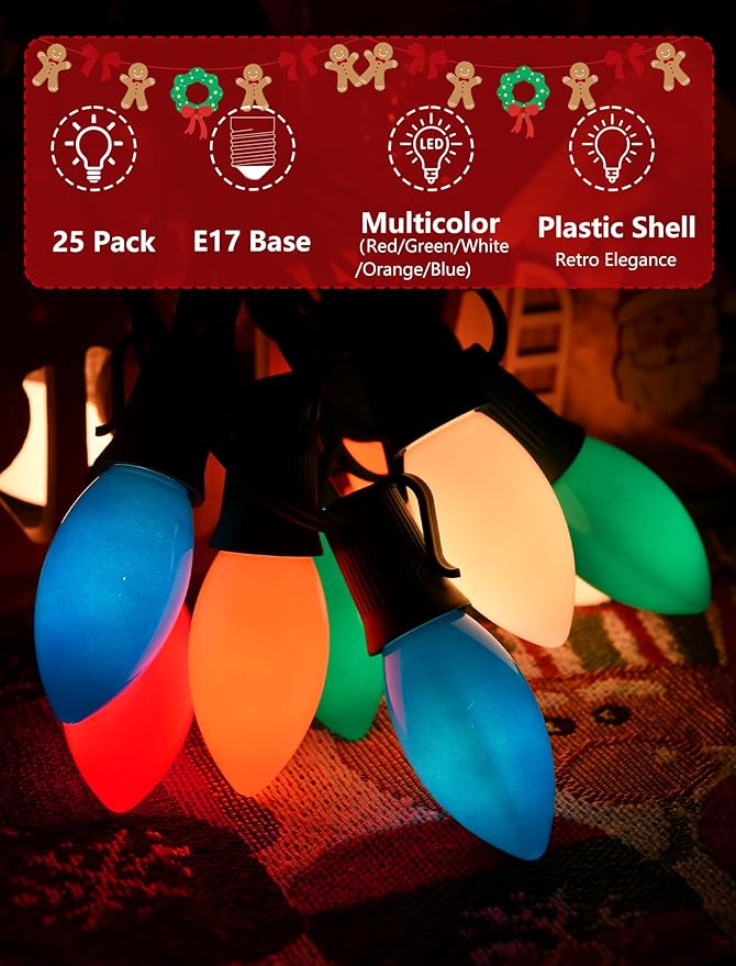SUNSGNE C9 LED Christmas Multicolor Replacement Light Bulbs, 25 Pack Vintage Shatterproof Colored Christmas Light Bulbs, E17 Intermediate Base - Bloomnest
