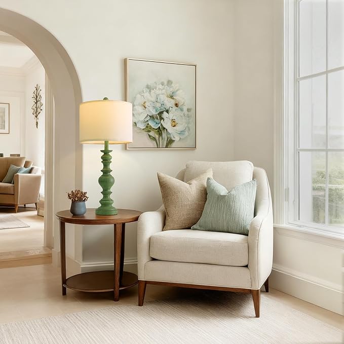BOBOMOMO 27" Sage Green Table Lamps Set of 2, Large Farmhouse Resin Lamps with Linen Shades, Green Vintage Lamps for Living Room, Bedroom, or Entryway, Rustic Elegant Home Décor - Bloomnest