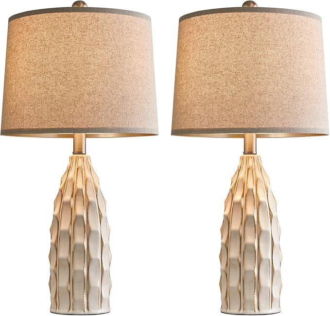 Ceramic Table Lamps Set of 2, 23.75" Modern Farmhouse Bedside Lamp - Cream Nightstand Lamps for Bedroom, Boho Living Room End Tables, Small Office Desk Lamp Decor - Bloomnest