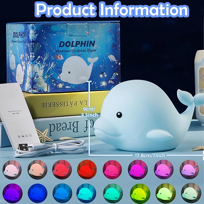 Dolphin Night Light for Kids Cute Night Light,16 Colors Silicone Dimmable Baby Night Lights for Nursery, Rechargeable Nightlight for Kids Room,Gifts Stuff for Boys Girls Baby,Toddler Decor - Bloomnest