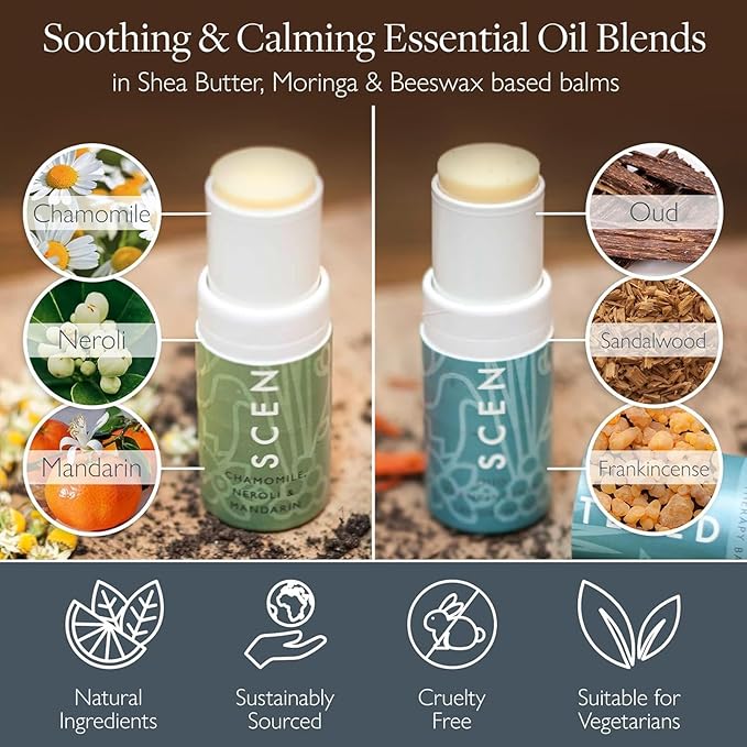 Scentered Aromatherapy Balm Stick Duo for Stress-Relief & Meditation - Roll On Essential Oil Blends of Frankincense, Oud, Chamomile - Aromatherapy Gifts for Women - De-Stress & Escape - Bloomnest