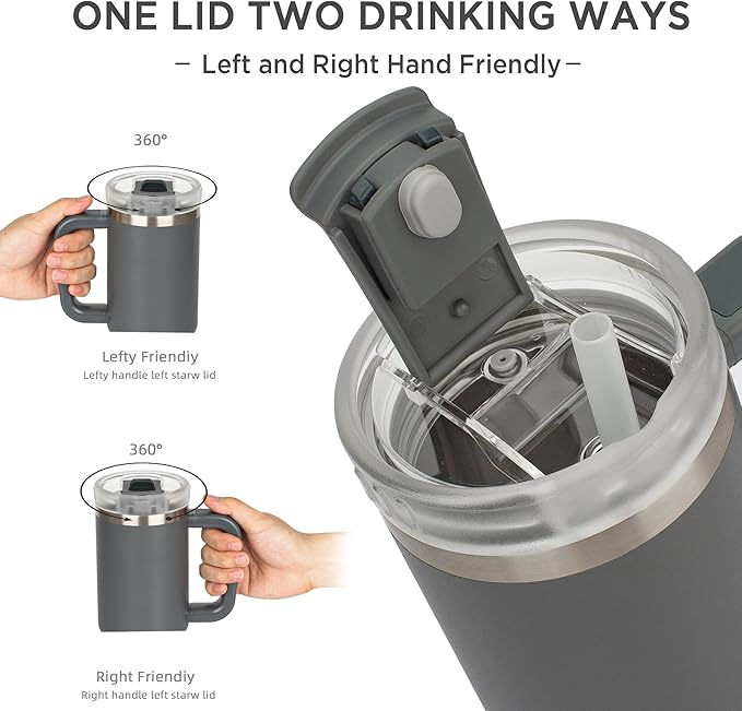 Tyeso 30 oz Tumbler with Handle, Straw and Lid - Leak Resistant Insulated Stainless Steel Water Bottle, Car Cup Holder Friendly Travel Coffee Mug Grey - Gifts for Men & Women - Bloomnest