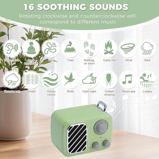 Vintage Style White Noise Machine with 16 Soothing Sounds – Portable Sleep Sound Device with Timer & Adjustable Volume for Baby, Kids, Adults, Travel & Office (Sprout Green, Portable) - Bloomnest