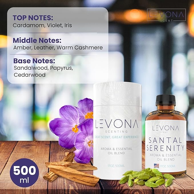 Levona Scent Santal Serenity Essential Oil: Notes of Sandalwood, Papyrus & Amber - aromatherapy oils for hotel, home and office - Fragrance oil for diffusers & Humidifiers - Home Luxury Scents -500 Ml LEVONASCENT