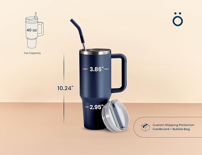 KooK Tumbler with Straw and Handle, 40 Oz, Stainless Steel, Vacuum Insulated Travel Coffee Mug, Reusable Double Walled Water Bottle, Keeps Hot or Cold (Storm Blue) - Bloomnest