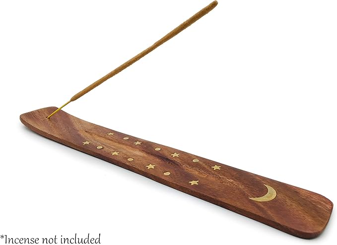 Moon and Stars Incense Holder - Wooden Ash Catcher with Celestial Design for Single Incense Sticks - Meditation Accessories, Spiritual Decor, Home Fragrance, Room Decor (10 Inches Long) - Bloomnest