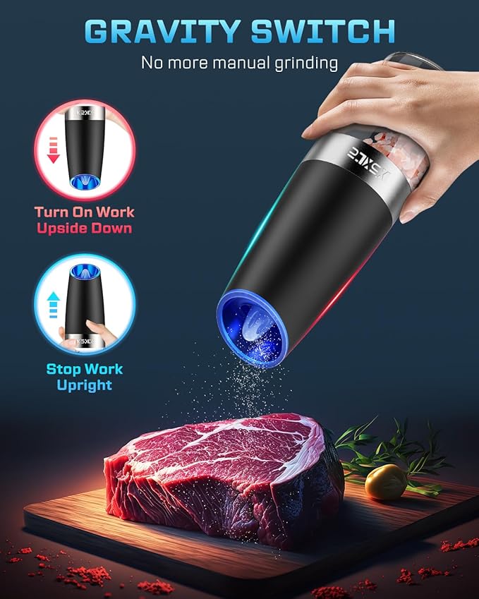 XinXu Gravity Electric Pepper and Salt Grinder Set, Adjustable Coarseness, with LED Light, One Hand Automatic Operation (Set/Black X) - Bloomnest