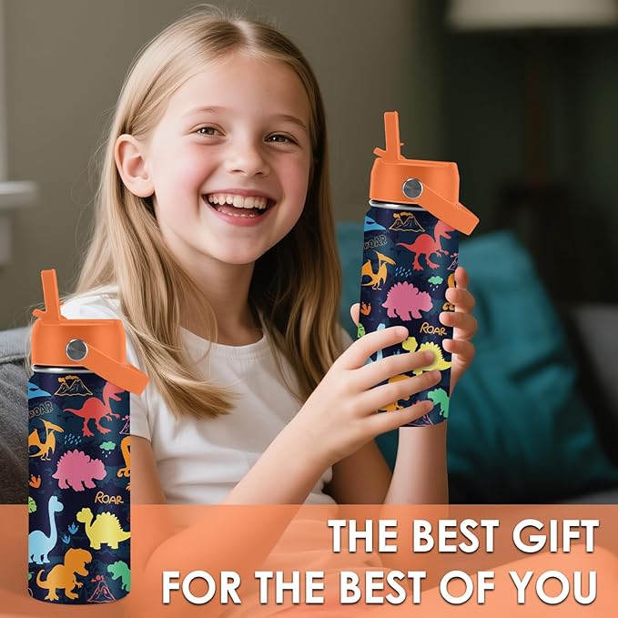 Dinosaur Gifts for Kids - 16oz Colorful Dino Water Bottle with Straw Lid, Stainless Steel Insulated Tumbler, Leakproof, BPA-Free, for Boys & Girls, School, Travel - Dino Lovers Birthday Gift Cup (1pc) - Bloomnest