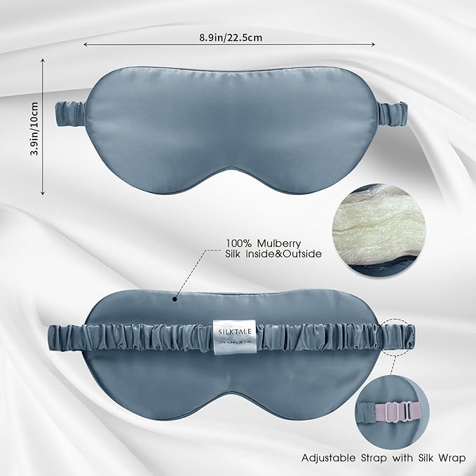 Mulberry Silk Blackout Adjustable Sleep Eye Mask for Men/Women Travel Plane,Ash Blue - Bloomnest