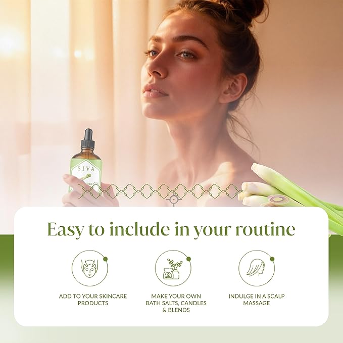 Siva Lemongrass Essential Oil - 4 Fl Oz – 100% Natural Lemongrass Oil - for Diffuser, Face, Skin Care, Aromatherapy, Hair Care, Scalp and Body Massage - with Dropper - Bloomnest