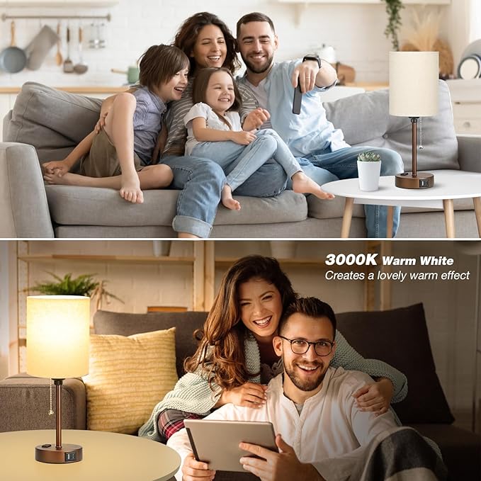 Dicoool Small Bedside Table lamp for Bedroom - 3 Color Temperatures Brown Bedside Lamps with USB C and A Ports, Pull Chain Table Lamps with AC Outlet, Black Nightstand Lamps for Kids Reading Study - Bloomnest