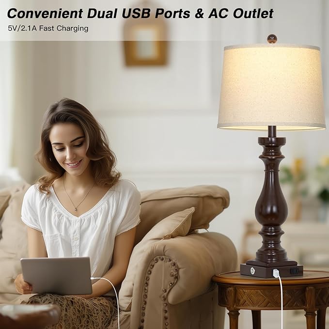 29" Tall Farmhouse Table Lamp for Living Room Set of 2,Vintage Retro Nightstand Lamps with USB C+A Ports & AC Outlet,3-Way Dimmable Touch Bedside Lamp for Bedroom Side Table,Dark Brown - Bloomnest