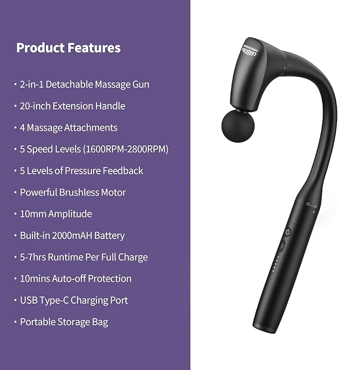 2-in-1 Detachable Muscle Massage Gun Deep Tissue with 20'' Extension Handle, Back and Neck Massager for Pain Relief, Handheld Massager for Shoulder Lower Back Leg Waist, FSA-HSA Eligible - Bloomnest