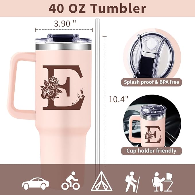 Monogrammed 40oz Tumbler with Handle for Women, Personalized Birthday Gifts for Women,Initial Cups for Woman Pink Letter E,Customized Gifts for Female Lady Gift for Mothers Day Christmas - Bloomnest