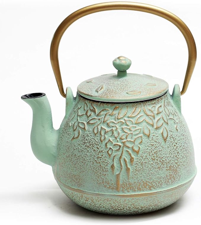 TOPTIER Tea Kettle for Stove Top, Cast Iron Teapot Stovetop Safe with Infusers for Loose Tea, 22 oz, Light Green - Bloomnest