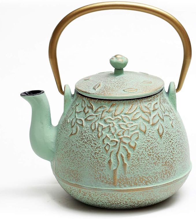 Tea Kettle, TOPTIER Japanese Cast Iron Teapot with Infuser for Loose Leaf and Tea Bags, Stovetop Safe Cast Iron Tea Kettle Coated with Enameled Interior for 40 oz (1200 ml), Light Green - Bloomnest