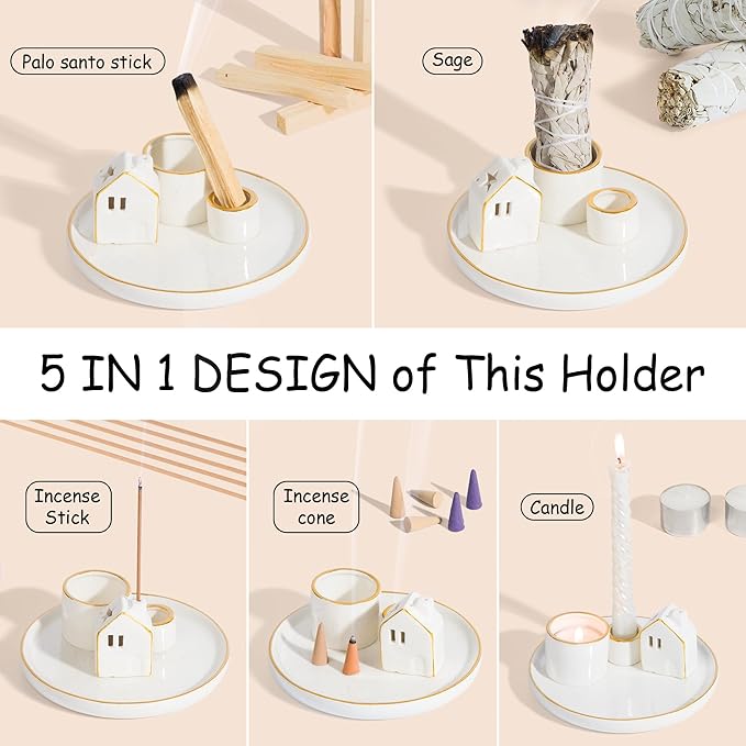 ZenBless 5 in 1 Incense Holder Burner for Palo Santo, Sage, Incense Sticks/Cones and Candle - Ceramic Incense Cone Smudge Tray,Aromatherapy Home Decoration - Bloomnest