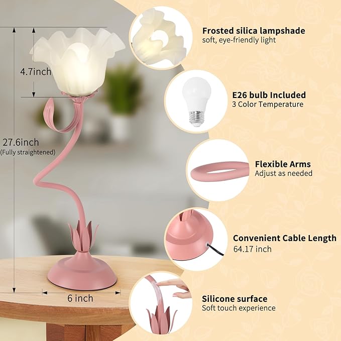 Cute Flower Desk Lamp, 3 Color Temperature Table Lamps with LED Bulb, Vintage Bedside Lamp, Reading Lamps with Soft Light for Bedroom, Living Room（Pink） - Bloomnest