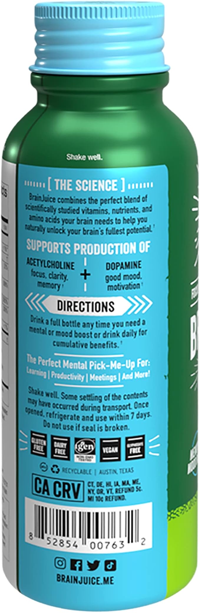 BrainJuice Decaf Brain Support Shot, Gluten Free Supplement Shots for Energy & Focus, Healthy Drinks with Alpha GPC, Vitamin B & Decaffeinated Green Tea Leaf, Classic, 2.5 fl oz, 12 Pack - Bloomnest