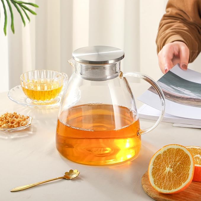 68OZ/2000ML One Touch Glass Teapot with Stainless Steel Filter Lid, Stovetop & Microwave Safe Tea Maker Water Kettle, Strainer & Cover 2 in 1 Loose Leaf Tea Steeper Pot Coffee Carafe - Bloomnest