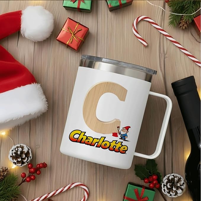 Personalized Gnome Mug with Name and Initial - Funny 12oz Insulated Stainless Steel Coffee Cup Tumbler with Handle & Lid - Custom Gifts for Boys, Kids - Wood Texture Monogram (B152) - Bloomnest