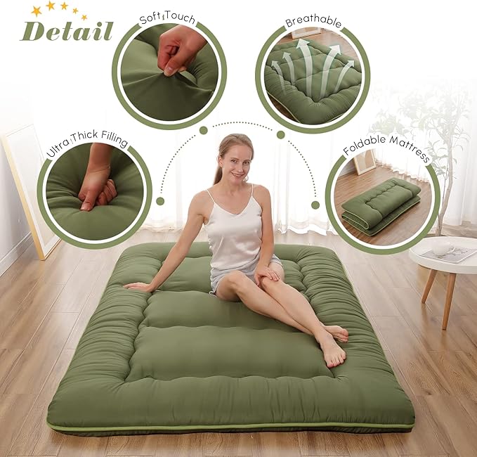 Japanese Floor Mattress, Futon Mattress with Portable Storage Bag and Washable Cover, Roll Up Thick Tatami Mat Suitable for Camping, Guest Room, Green, Twin - Bloomnest