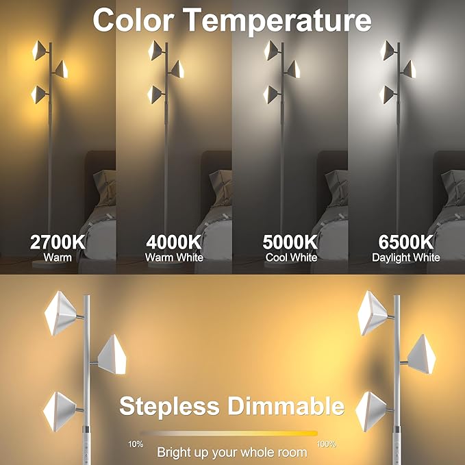 PARTPHONER RGB Tree Floor Lamp for Living Room, Stepless Dimmable Tall Standing Lamp with Remote, Touch Control and 3 Rotatable Light, Bright LED Lights for Bedroom with 4 Color-Changing, White - Bloomnest