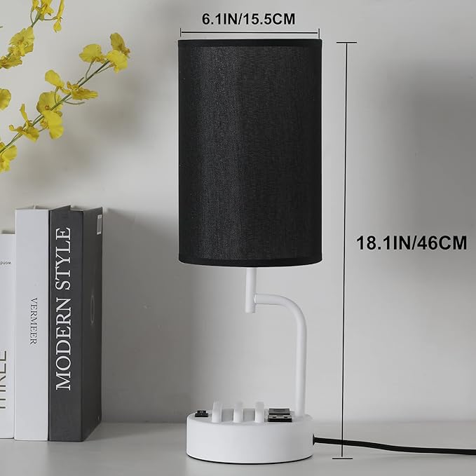 Dreamholder Table Lamp with 3 USB Charging Ports, Modern Desk Lamp with AC Outlet and Phone Stands, Perfect Bedside Lamp for Bedroom, Living Room, Office (Pack of 2), White&Black - Bloomnest